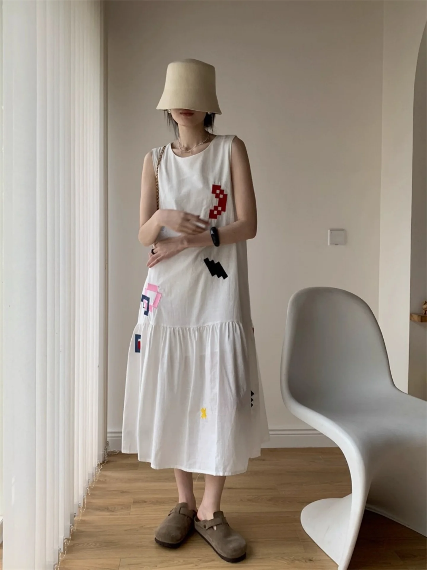 MALCENL KLON Summer Svel geborduurde A-lijn Dr Linen losse Vaion Sle Dr. ort Sve-jurk voor dames