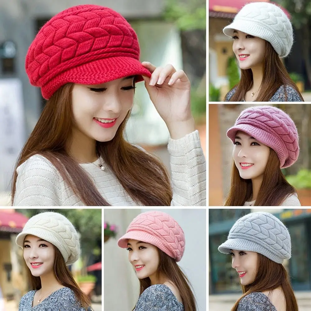 Casual Thickened Knitted Wool Hat Wool Keep Warm Beret Hat Windproof Ear Protection Duck Tongue Cap for Women