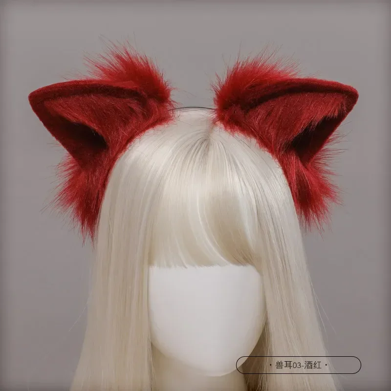 Lolita-Diadema de pelo de felpa con orejas de gato y Lobo rojo para niña, tocado de fiesta hecho a mano, accesorios Kawaii de Anime para Cosplay