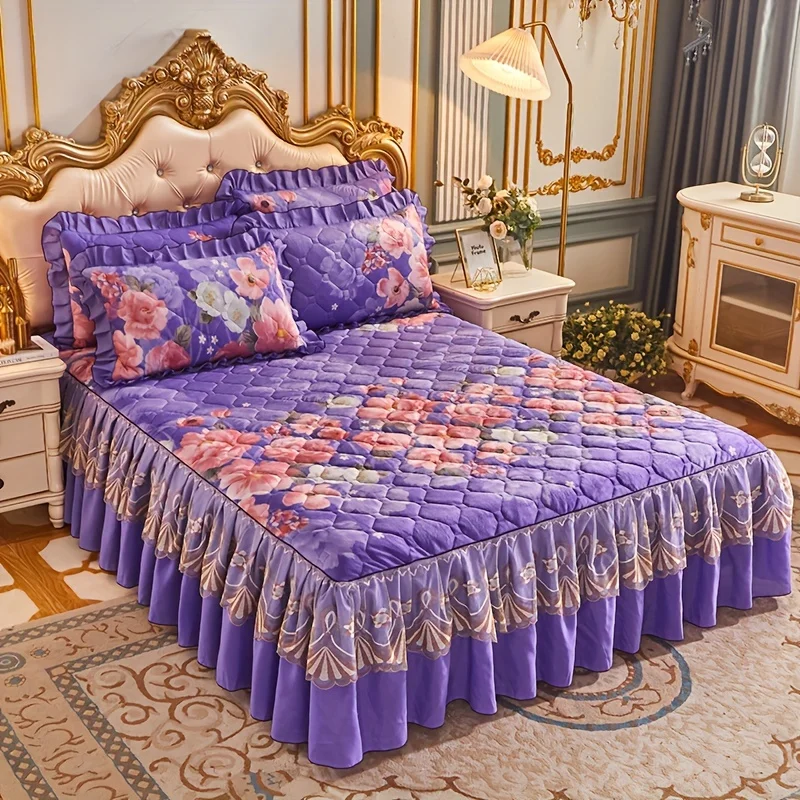 3pcs Polyester Macrame Fitted Sheet Set, Bed Skirt Set, Flower Printed Clip Cotton All Seasons Universal Non-slip Bedding Set, S