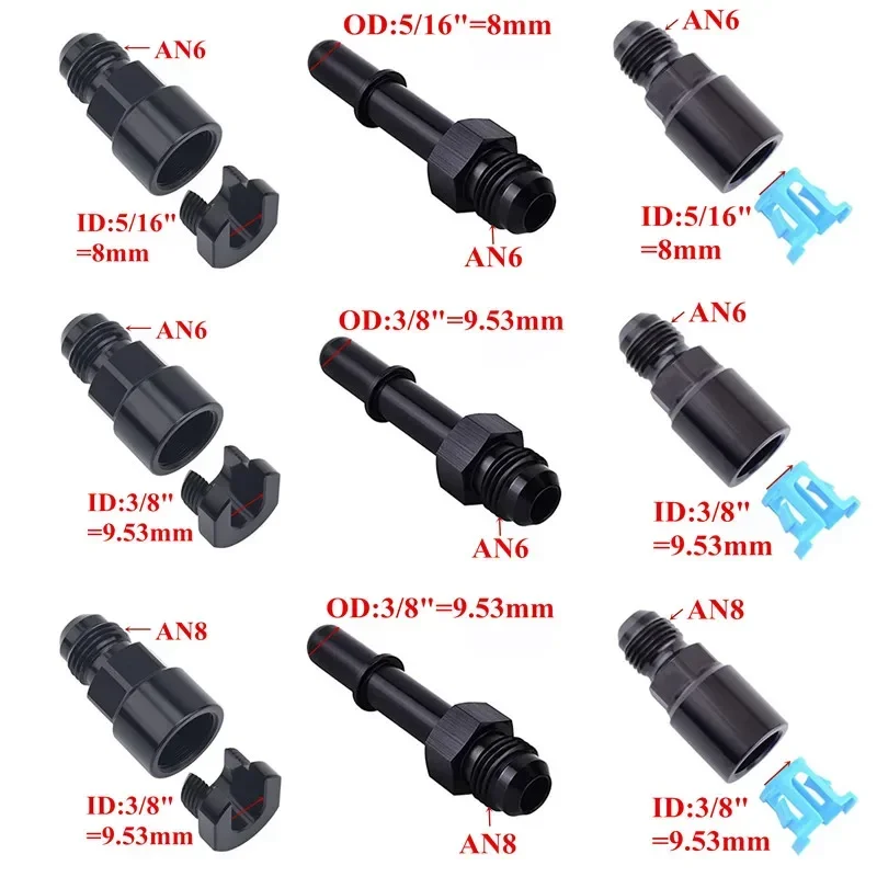 1/2szt Szybkozłączka 6AN AN6 męska do 3/8", 5/16" AN8 8AN Szybkozłączka męska Push On EFI Adapter paliwa Aluminium Czarny