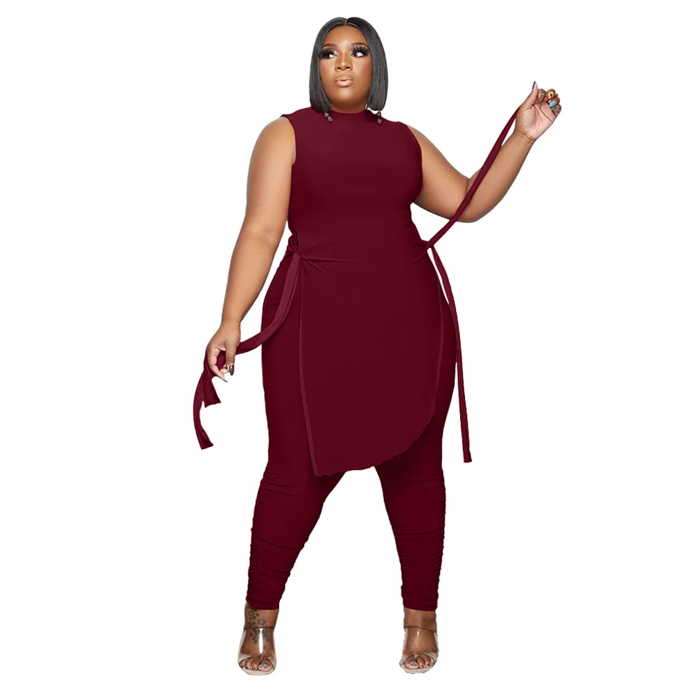 Plus Size Women Two-piece Sets Fashion Casual Wave Edge Tied Solid Color Two-piece Suit Elegant Sleeveless Tops With Pants Suit