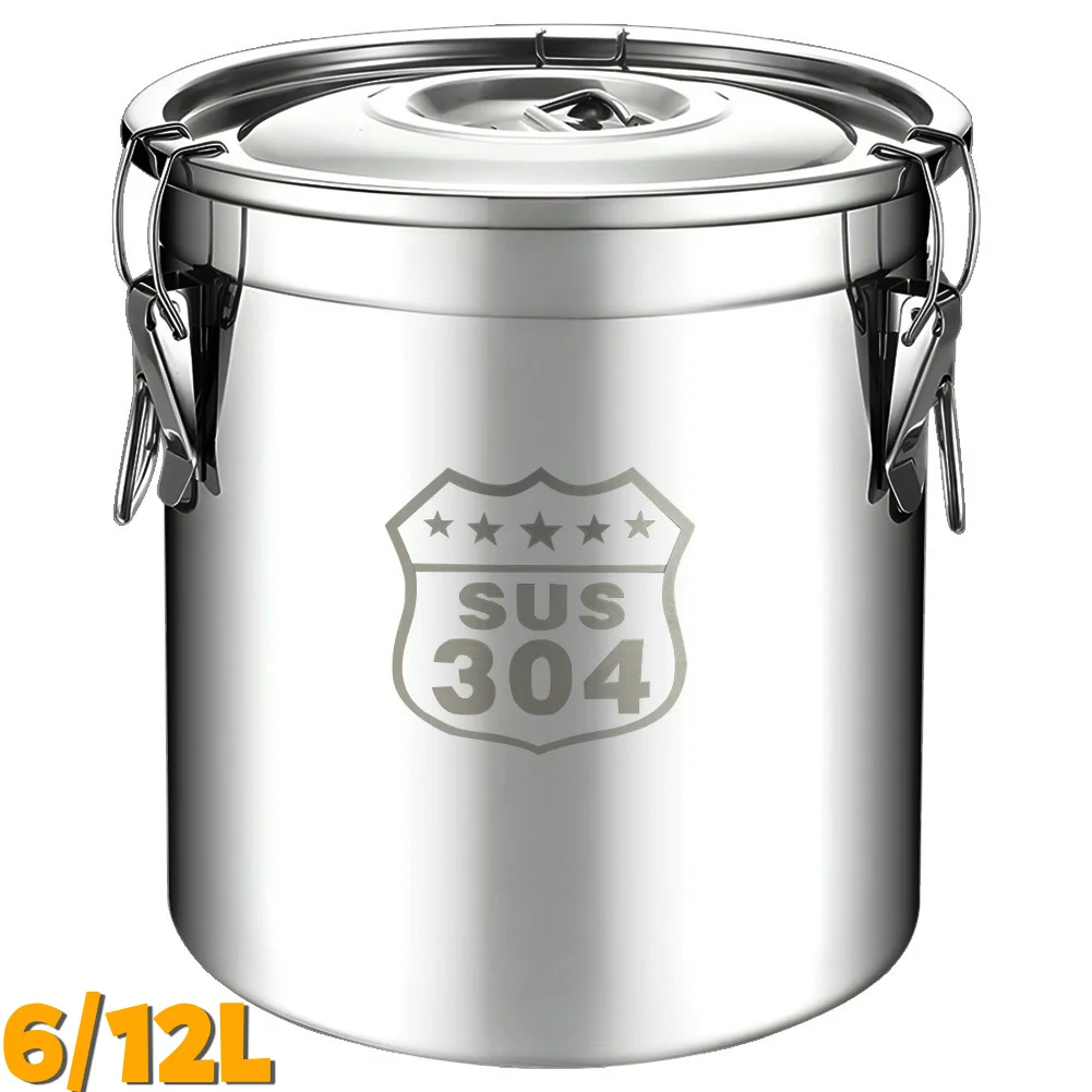 6/12L Stainless Steel Kitchen Canister with Seal Lid Food Oil Sugar Milk Storage Bucket for Home Kitchen Bar Restaurants