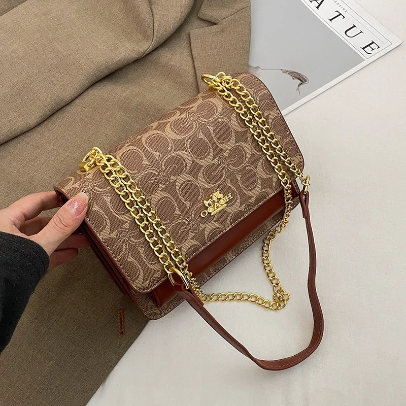 New Arrival 2026 Women Color Block Square Flap Bag, Vintage Circle Print Dual Chain Shoulder Crossbody Bag For Office Commute