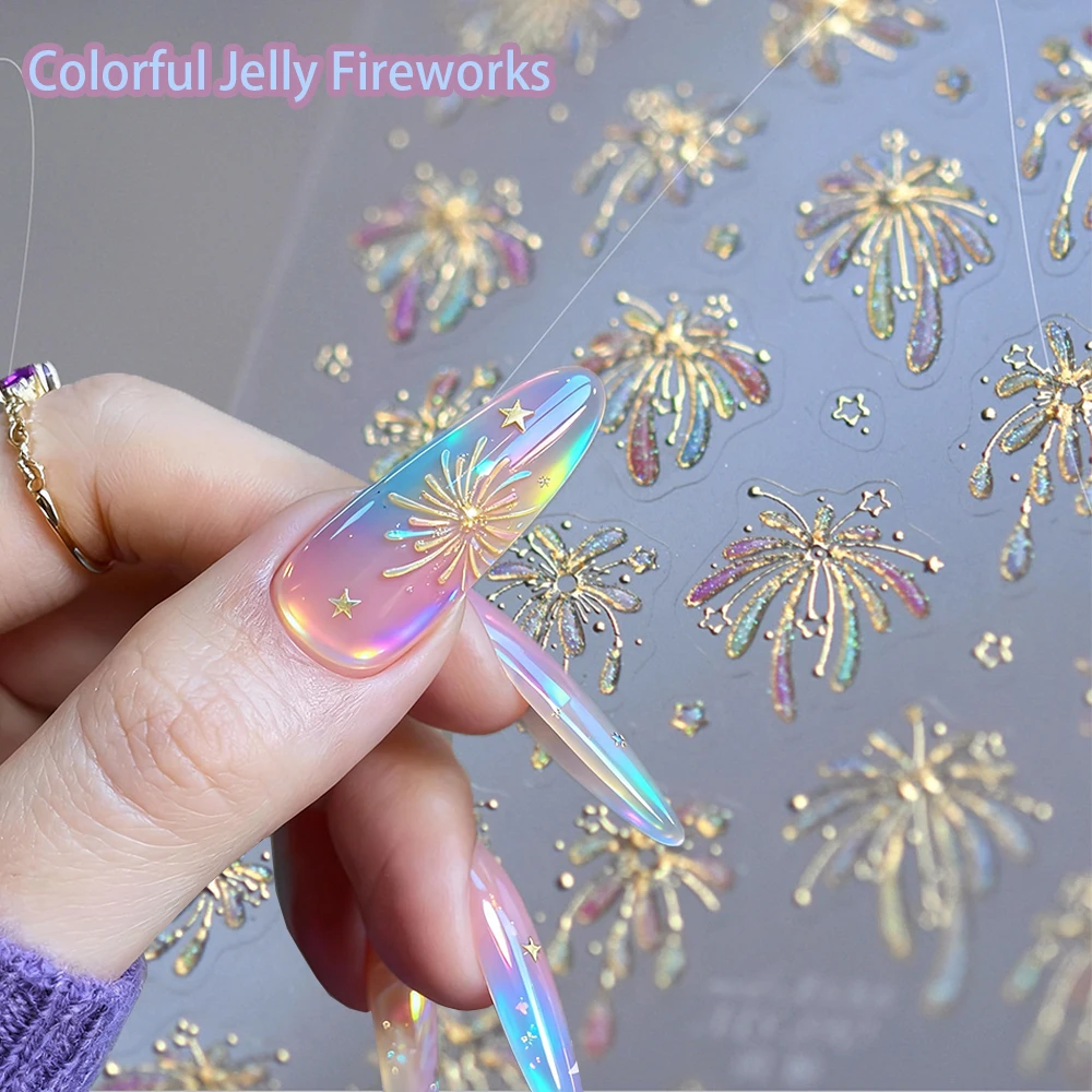 1 Stück 5D Bunte Gelee Glitter Feuerwerk Nagelaufkleber 2025 Neue geprägte Farbverlauf Heißprägung Blüten Y2K Feuerwerk Nagelaufkleber