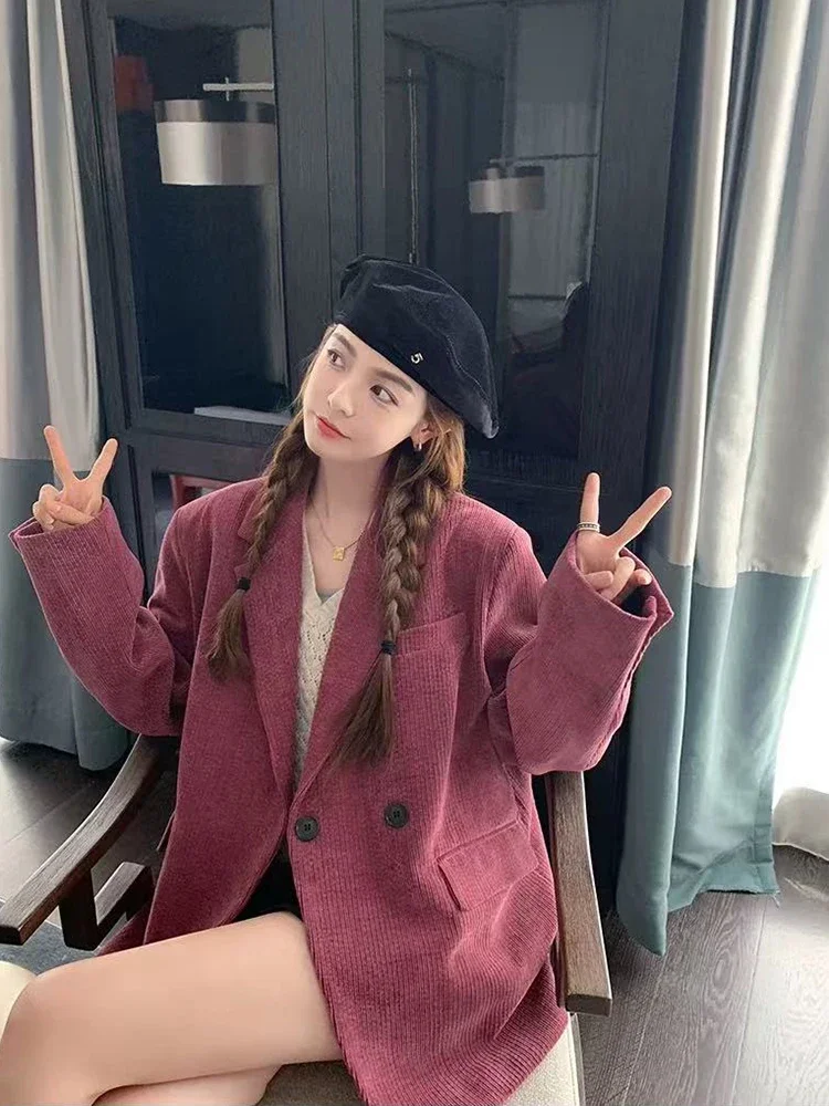 Vintage Corduroy Women Blazer Y2K Streetwear Loose Single Breasted Suit Jacket Korean Long Sleeve Elegant Office Lady Outerwear