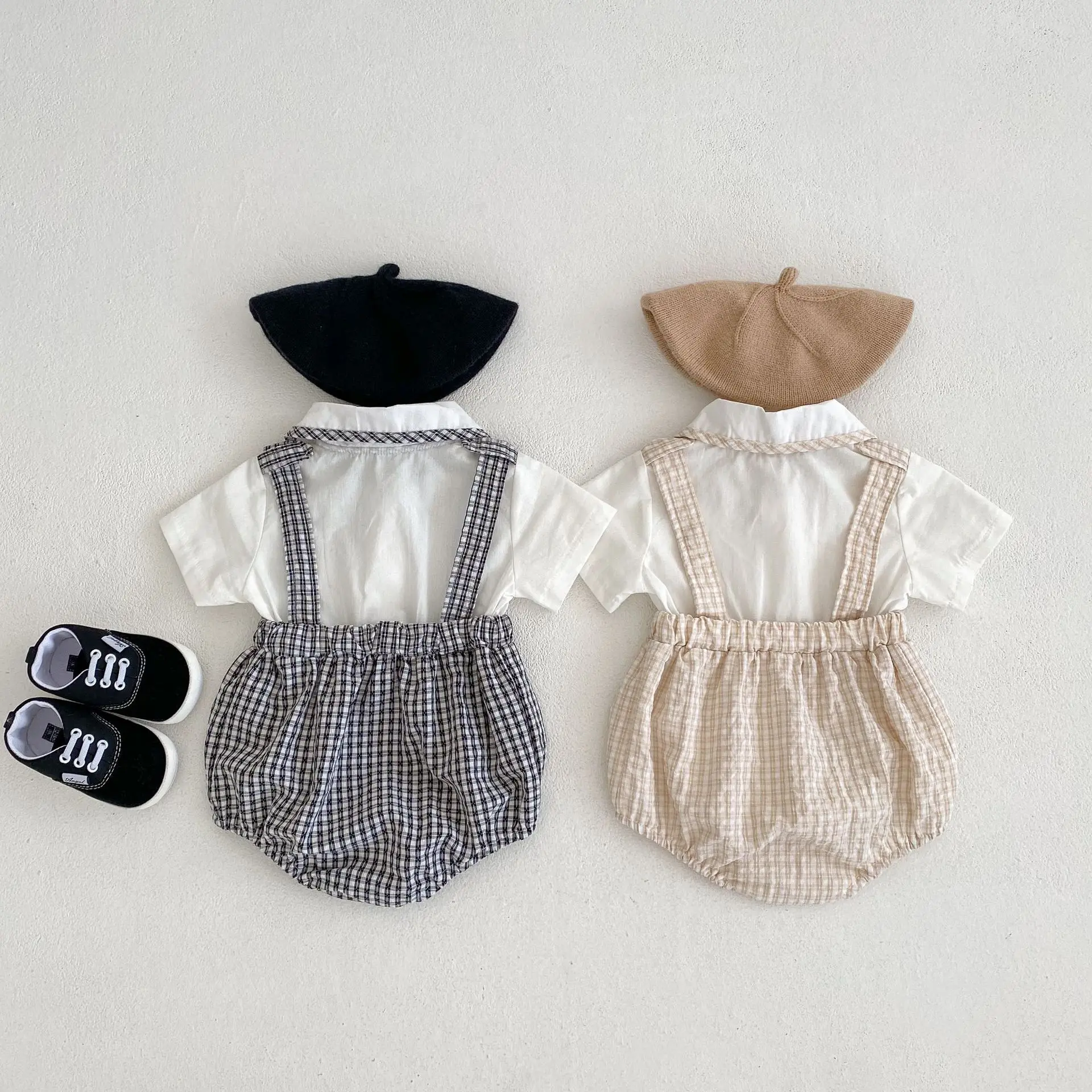 Summer Infant and Child Bodysuit 100% Cotton Versatile Doll Collar Collar Collar Plaid Fake Two Piece Triangle Romper Creeper