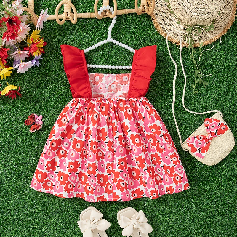 Summer New Small Floral Baby Girl Dress, Rural Style Children\'S Sleeveless Clothes With Free Bag (9 Months -3 Years Old)