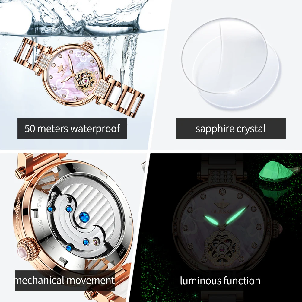 OUPINKE 3183 ساعة سيدات أصلية فاخرة أنيقة الهيكل العظمي ساعة ميكانيكية 50 متر مقاوم للماء تاريخ اليوم ساعة للنساء السيراميك