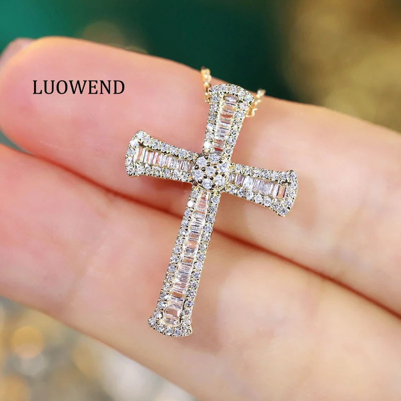 

LUOWEND 100% 18K Yellow Gold Necklace Fashion Cross Pendant 0.65carat Real Natural Diamond Necklace for Women High Party Jewelry