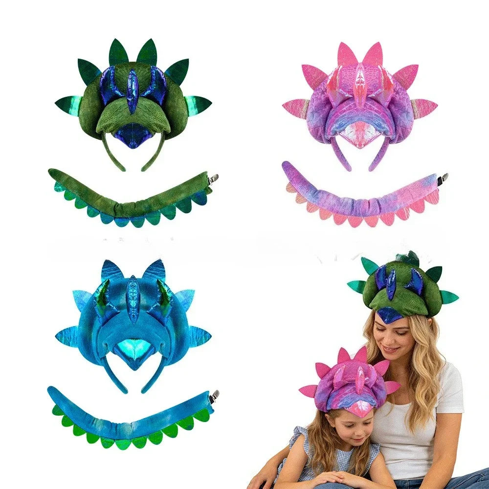 Adult Dragon Horn Dinosaur Headband Tail Costume Accessory Set Halloween Cosplay