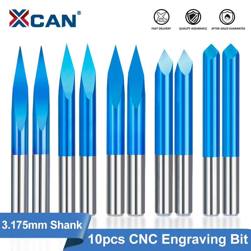 XCAN 3 Edge Pyramid Bit CNC Engraving Bit 20-90 Degree Carbide End Mill 3.175mm Shank Nano Blue Coated Milling Cutter 10pcs