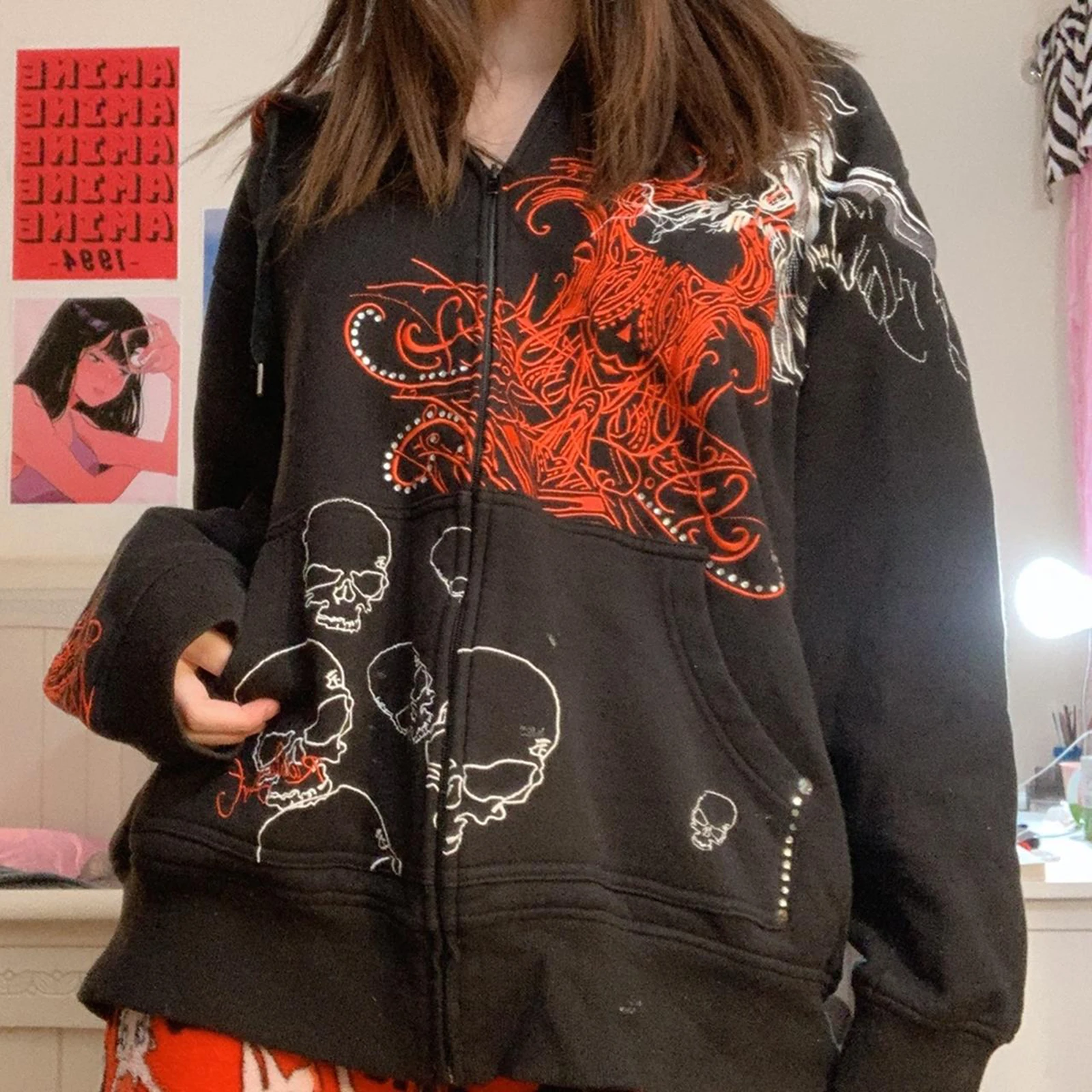 Dourgesty-Vintage Gótico Grunge Crânio Imprimir Zip Up Hoodies, Harajuku moletons, Outono Estética Casaco, Escuro Academia Tops, Y2k