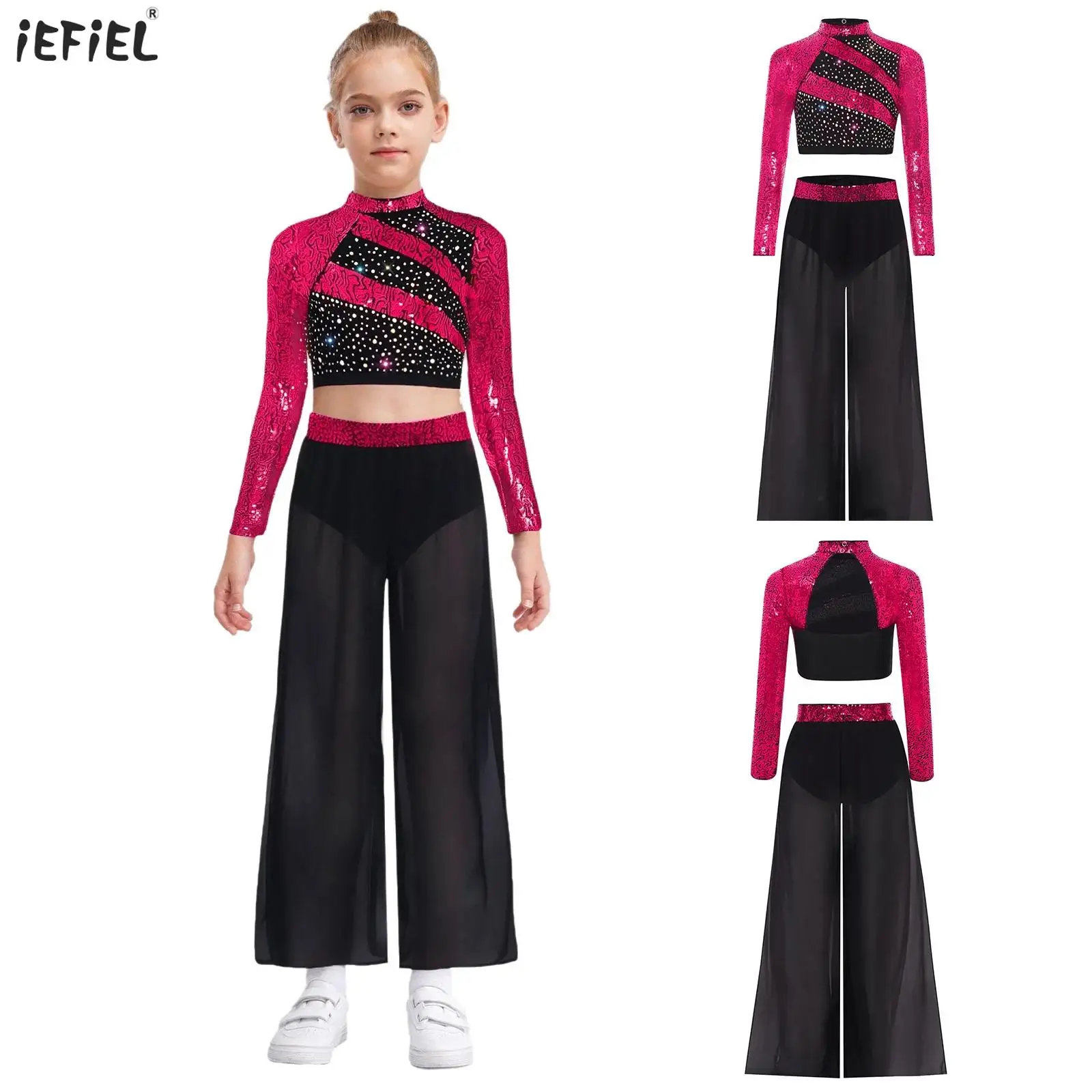 

Girls Modern Lyrical Dance Outfits Long Sleeve Sequin Crop Top And Chiffon Side Slit Dance Pants Ballet Jazz Dance Costume Set