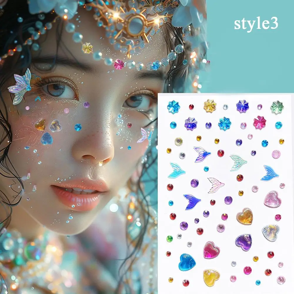 Mermaid Butterfly Diamond Face Body Brow Sticker Makeup 3D Shell Jewel Crystal Tattoo Women Kids Self Adhesive Facial Rhinestone