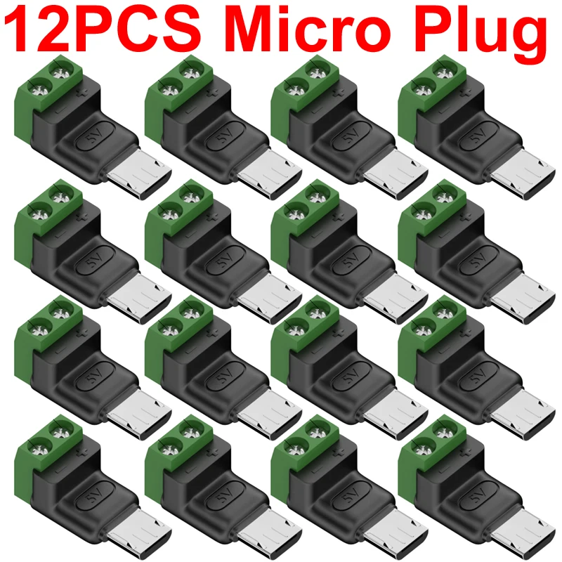 12PCS 2Pin to USB Type C Micro Male 5V/9v/12v Solderless Green Terminal OTG Screw Charger Power Supply Plug Adapter USB Quick Co