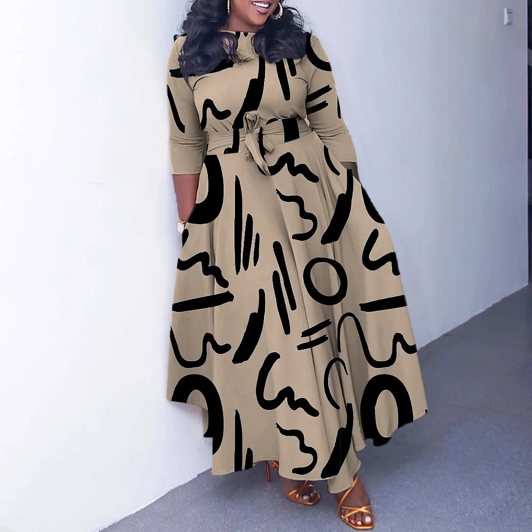 Spring and Autumn New Fashionable Style Lace Up African Large Print 4xl Long Sleeved Long Skirt Dress