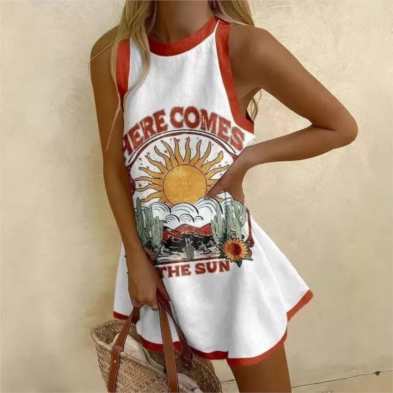 2025 New Casual Fish-printed Mini Dresses Round Neck Sleeveless Loose A-line Dress Sea Beach Vacation Sundress Women's Clothing