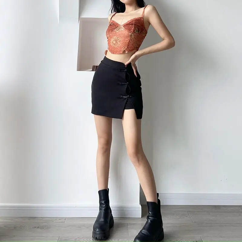 Skirt Rules Cheongsam Buckle Side Slit High Waist Women'S Non-Skinny Black Versatile Casual A-Line Short Skirt Summer