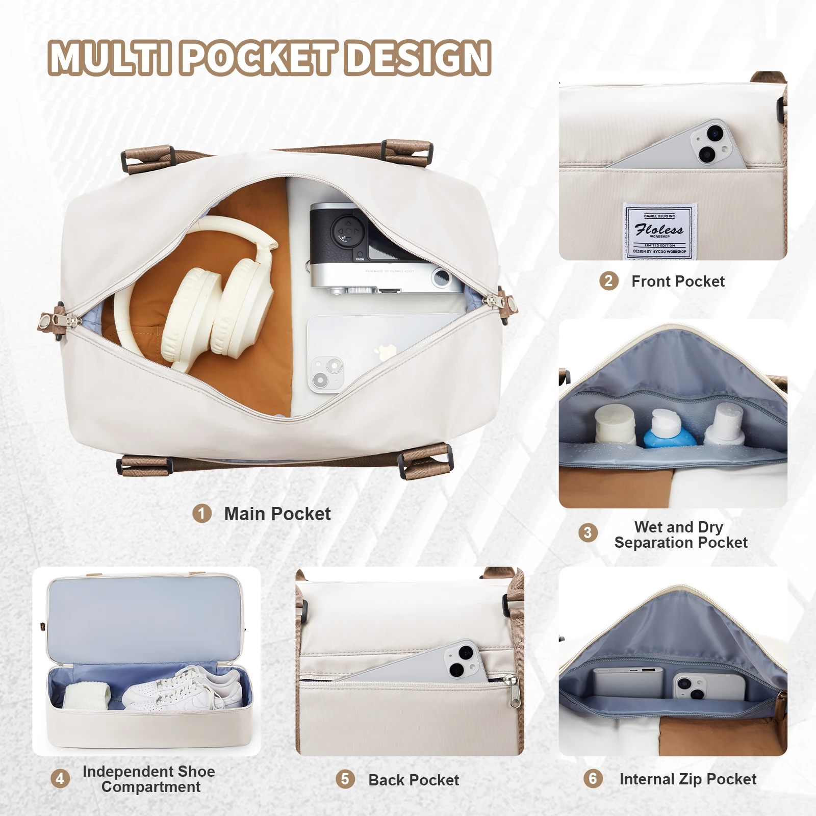 Torba podróżna, torba sportowa na siłownię Torba na ramię Weekender Overnight Bag dla kobiet, torba do noszenia z mokrą kieszenią Rozszerzalna torba — zdjęcie 6