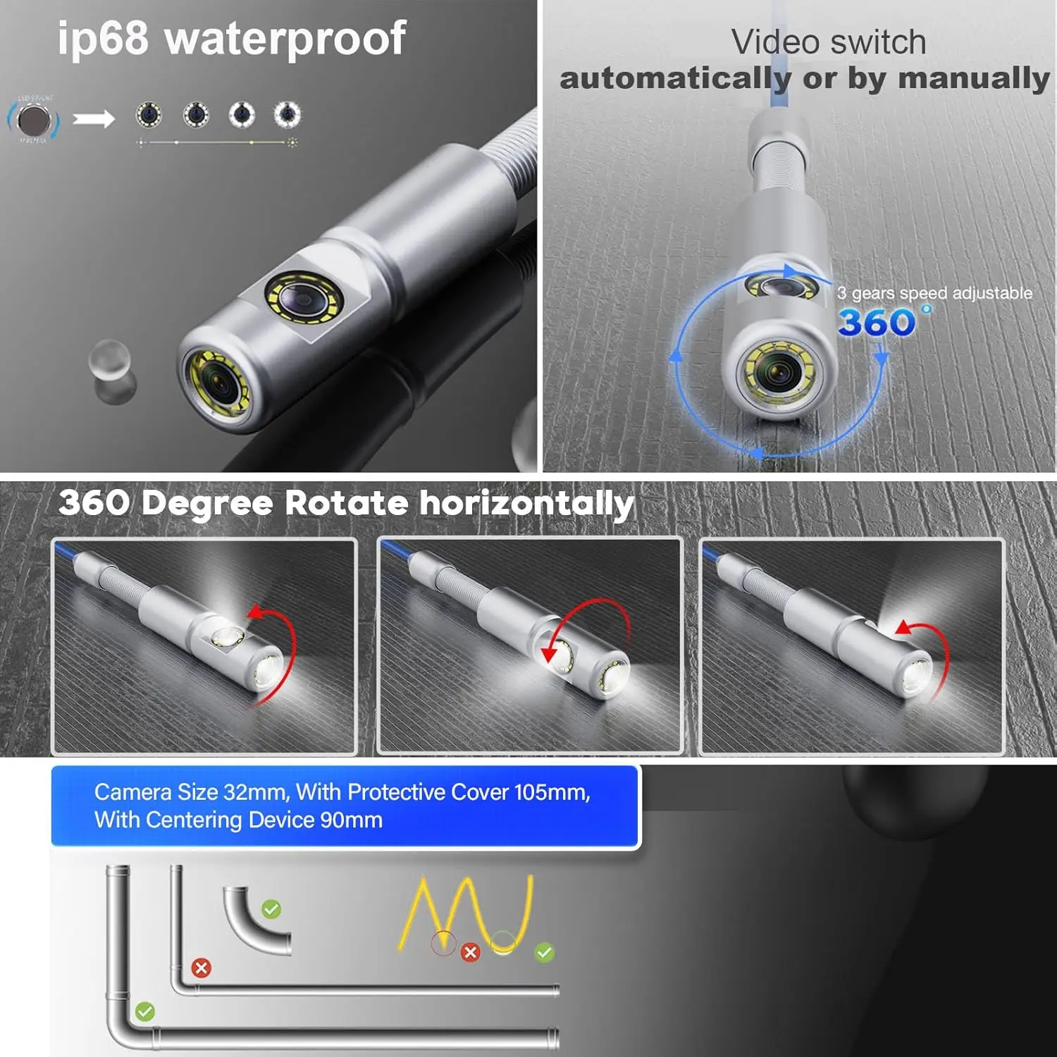 360 Degrees Sewer Camera 512Hz Self-Leveling 7mm Diameter Cable Sewer Inspection Camera 10.1