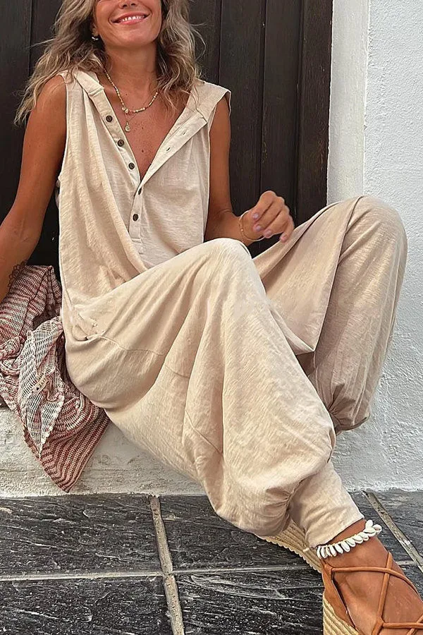 Damen Sommer Ärmelloser Lässiger Kapuzen-Jumpsuit V-Ausschnitt Lose Haremshose Einteiler für Urlaub und Alltag – Detail 3