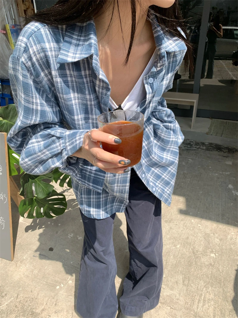 

Autumn Spring 2026 Korean Preppy Style Turn Down Collar Blue Plaid Long Sleeve Vintage Pleated Blouse Female Outwear tops(S5557
