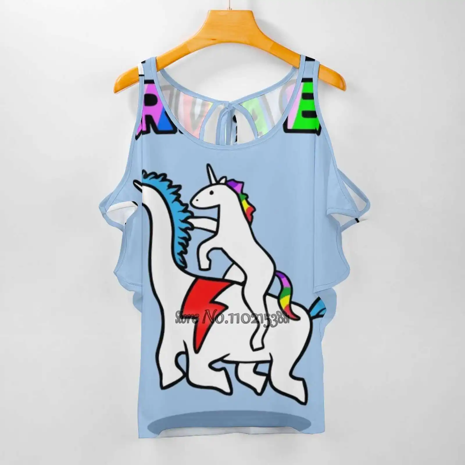 Al Rave! (Unicorn Riding Dinocorn) magliette con stampa di moda T-shirt con allacciatura a una spalla donna donna ragazze top e Tees