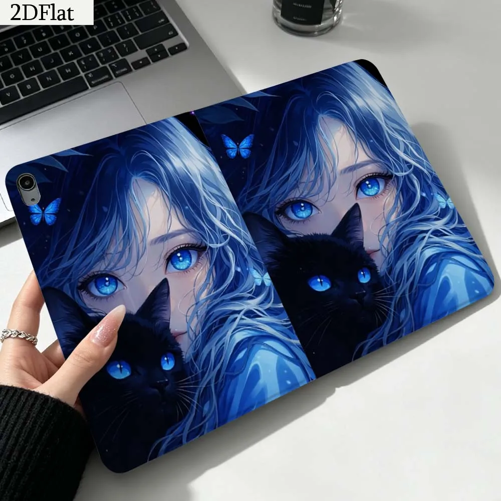 Cartoon Black Cat Girl Blue Eyes For iPad Pro mini Air A16 A14 6 5 4 6th 7 7th 11th 9Gen 13 M5 11 A17 Pro M4 Inch Tablet Case