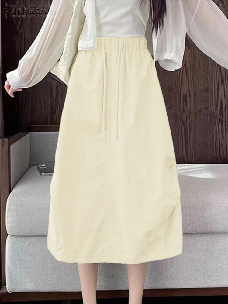 여성 Faldas ZANZEA 2025 가을 우아한 맥시 스커트 신축성있는 허리 솔리드 컬러 캐주얼 루즈 오버 사이즈 드로우 스트링 롱 오버 스커트