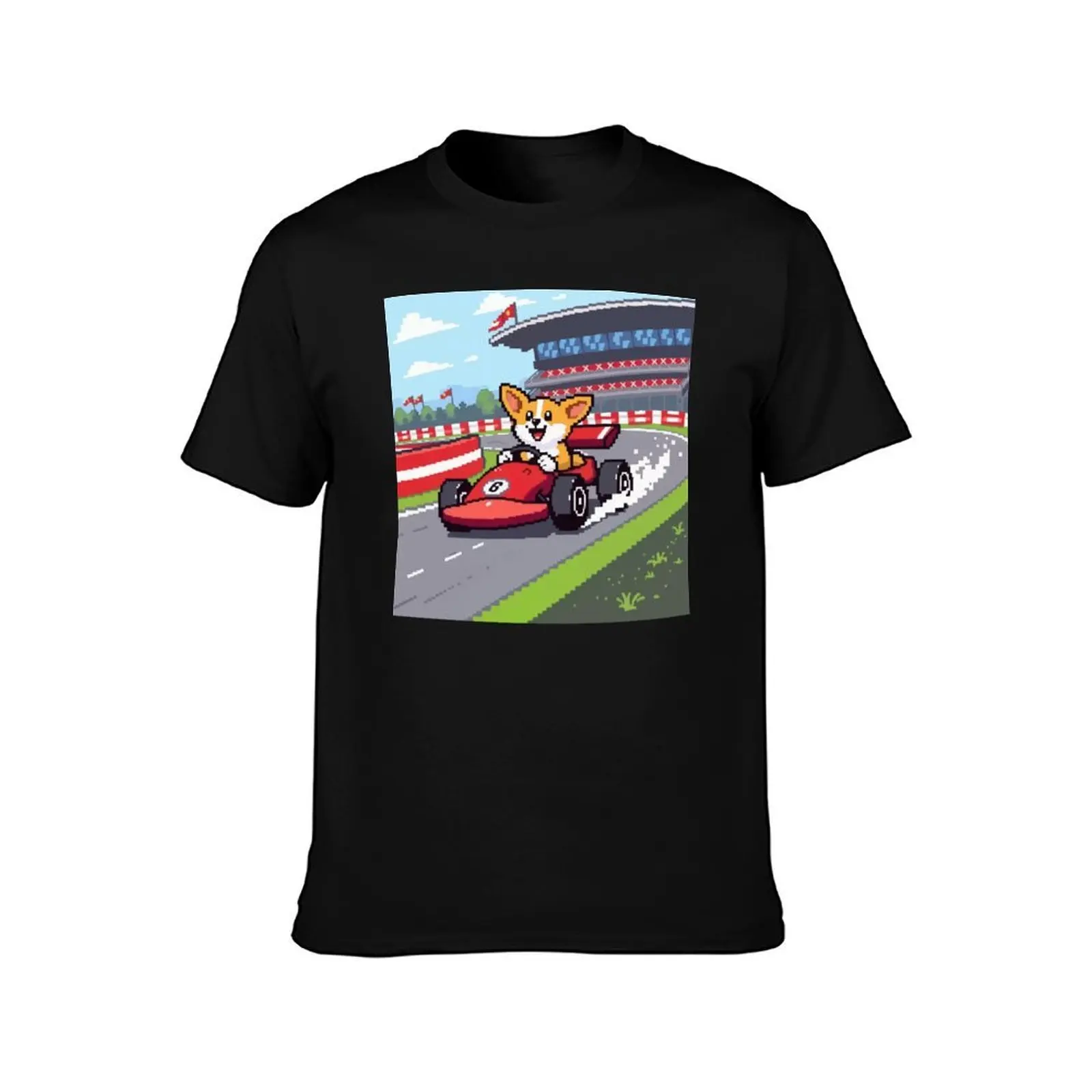 Pixel Zoom Corgi on the Track T-Shirt Sports Casual Short Sleeve Cotton Tee