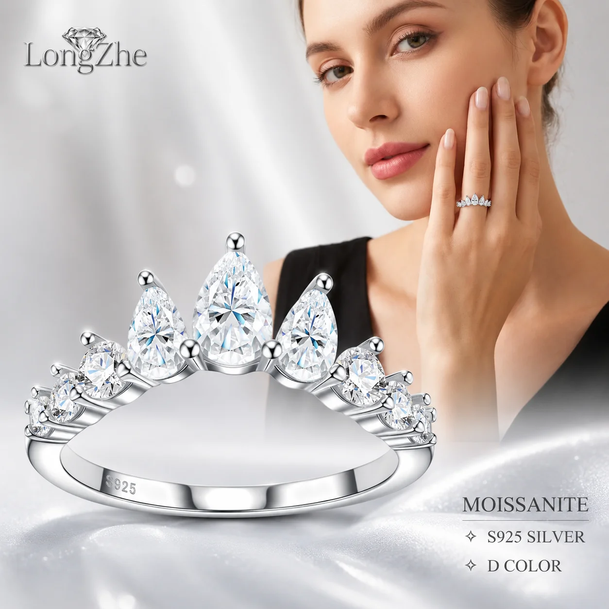 LongZhe Moissanite Ring Silver 925 Rings for Women Crown Ring 925 Sterling Silver Fine Jewelry Gift For Her Certified Moissanite