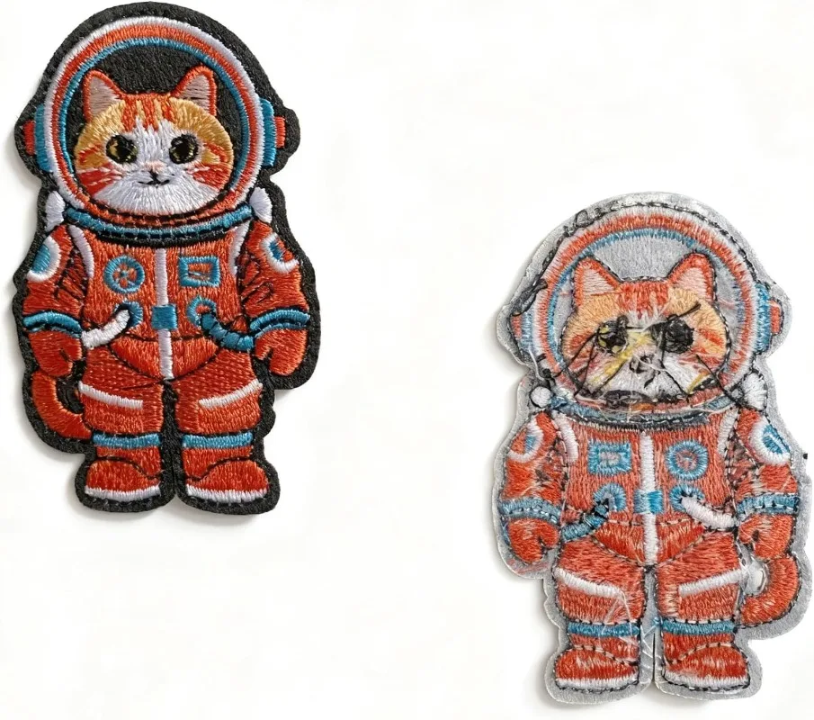 3 pcs  Iron on Embroidered Patches Adorable Orange Cat Astronaut in Red Space Suit Fun Cosmic Animal Theme for Jackets Bags Hats