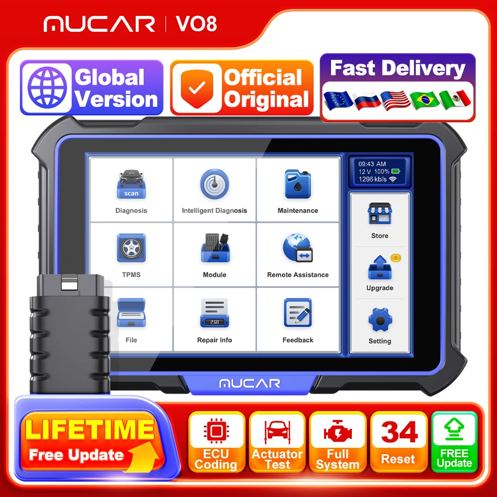 MUCAR VO8 Profession Auto OBD2 Scanner Full System 34 Reset ECU Coding Action Test Car Diagnostic Tools