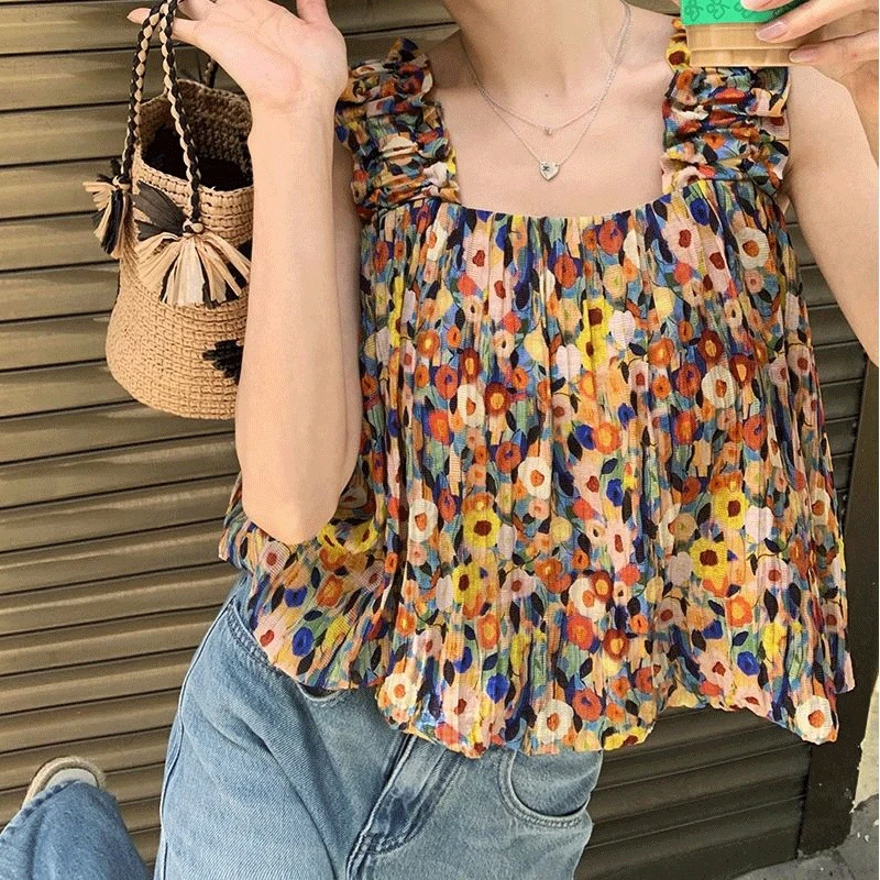 Sleeveless Square Collar Printing Loose Tank Top Camis Floral Casual Summer Thin Cute Sweet Young Style Women\'s Clothing 2023