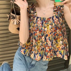 Sleeveless Square Collar Printing Loose Tank Top Camis Floral Casual Summer Thin Cute Sweet Young Style Women's Clothing 2023