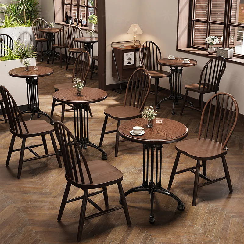 Retro American Western Restaurant Cafe Table and Chair Combination Milk Tea Shop Baking Dessert Shop Solid Wood