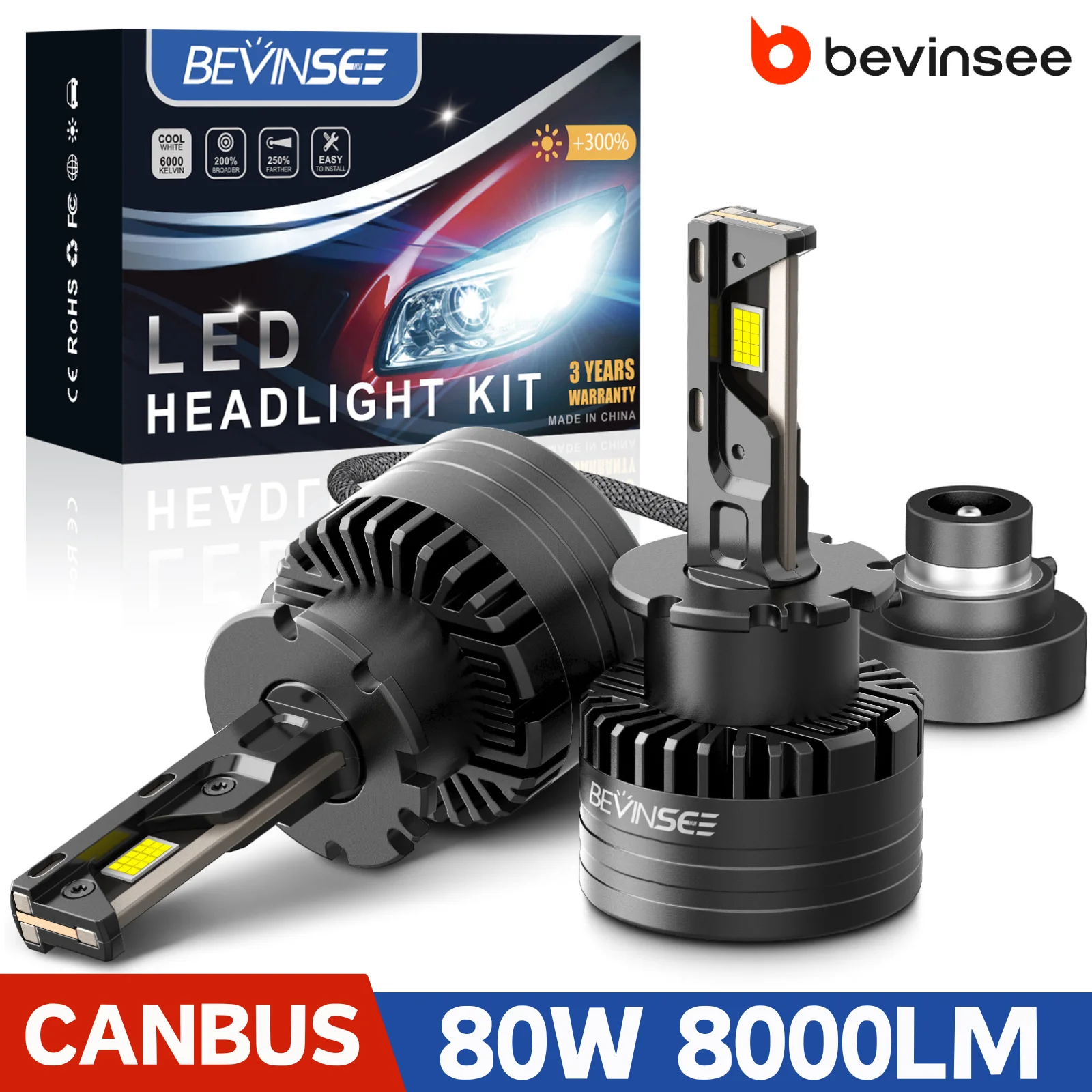 Żarówki LED CANBUS BEVINSEE D2S D2R do reflektorów, 6000K białe, zamiennik HID Xenon 80W 8000LM, D1S D1R D3S D3R D5S, Plug&Play, 12V — 2