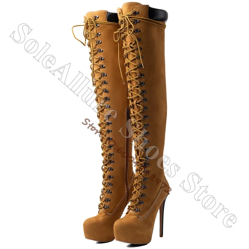 Botas altas de ante sintético color camel, con plataforma y tacón de aguja, diseño de cordones completos en la parte trasera, punta redonda y cremallera lateral, botas de moda.