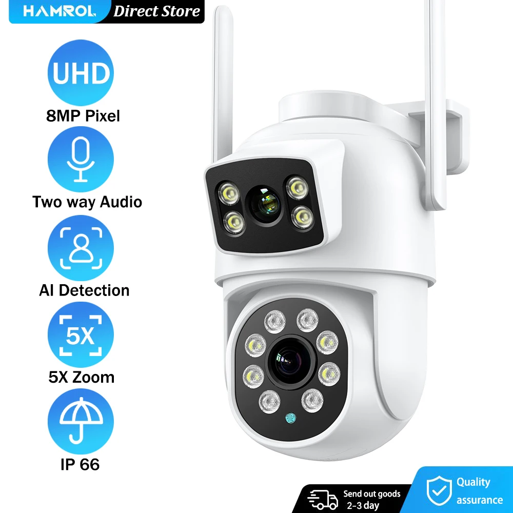 

HAMROL 8MP PTZ WIFI IP Camera Ai Human Detect Auto Tracking Dual Lens ICsee Nightvision Wireless Outdoor 4MP Security Camera