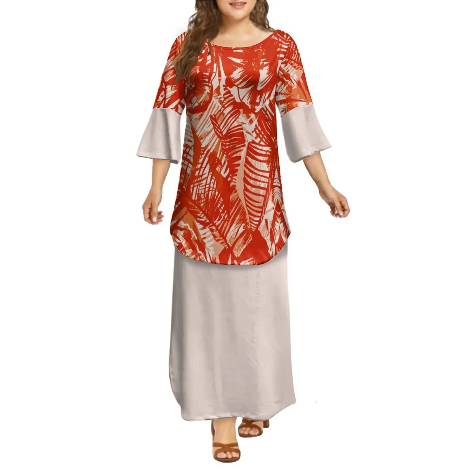 New Big Round Neck Puletasi 2 Piece Set Polynesian Tribal Tongan Hawaiian Off Shoulder Dress Custom Half Sleeve Top Skirt Suit