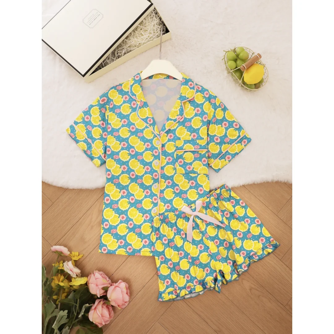 

Fruit Themed Pajama with Lemon Print Pink Lapel Short Sleeve Shorts Loungewear Home Wear Set Clothes Valentine's Day Gifts