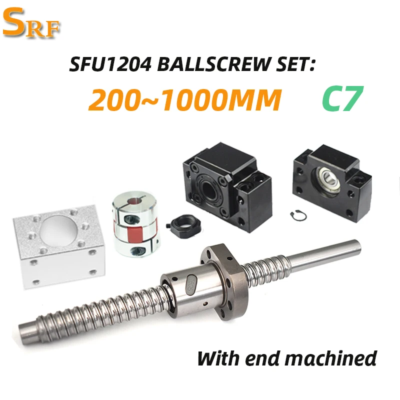 Ballscrew SFU1204 Sets 300~1000mm C7 With Flange Single Ball Nut End Machined+BK/BF10 End Supports+BallNut Housing+Coupler