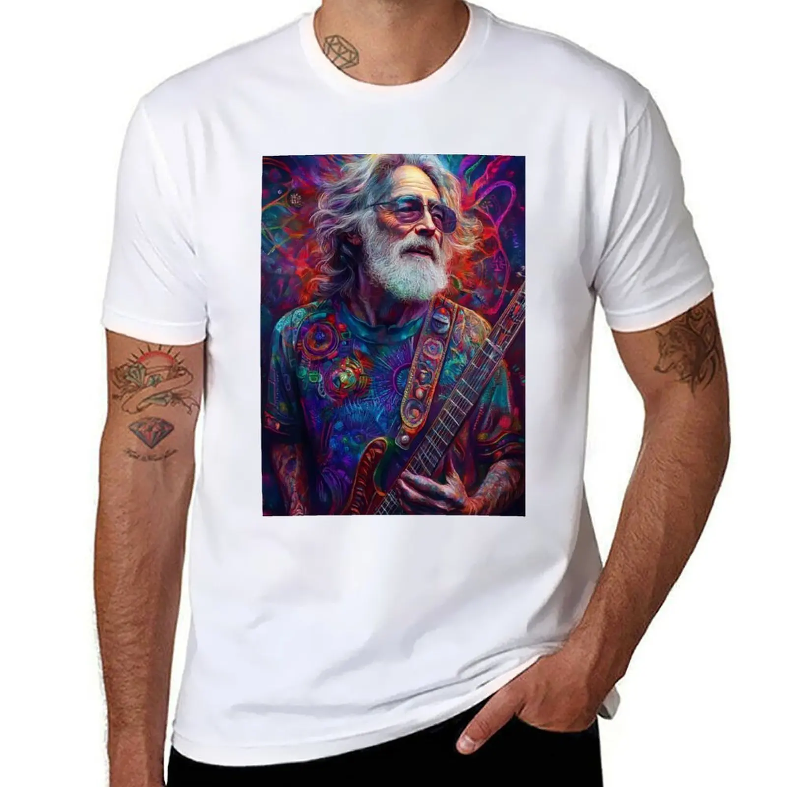 

Psychedelic Jerry Garcia Artwork – Guitar Legend Tribute-Vibrant Psychedelic Music Icon Design T-Shirt