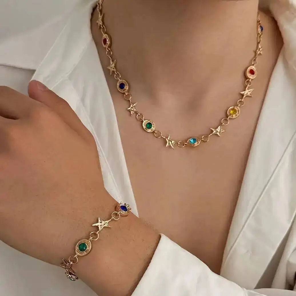 SHIXIN 2Pcs/set Fashion Gold Color Spliced Colorful Acrylic Drill Necklace Bracelet Women Exquisite Jewelry Trendy Accessor Gift