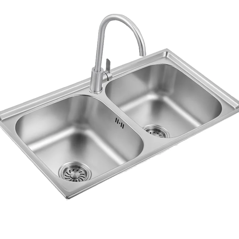 Fregadero de cocina de doble cuenco de acero inoxidable 304 de alta calidad, precio de fábrica, instalación sobre encimera con dos agujeros
