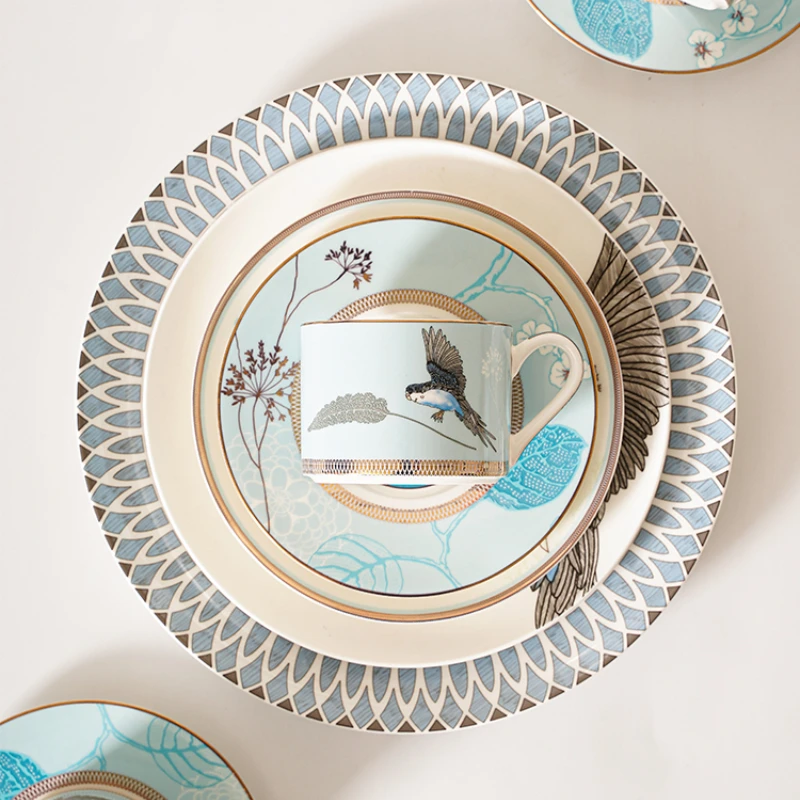 Nordic Style Bone China Coffee Cup and Plate Set European Style Parrot Dinner Plate Afternoon Tea Cup Exquisite Dessert Plate