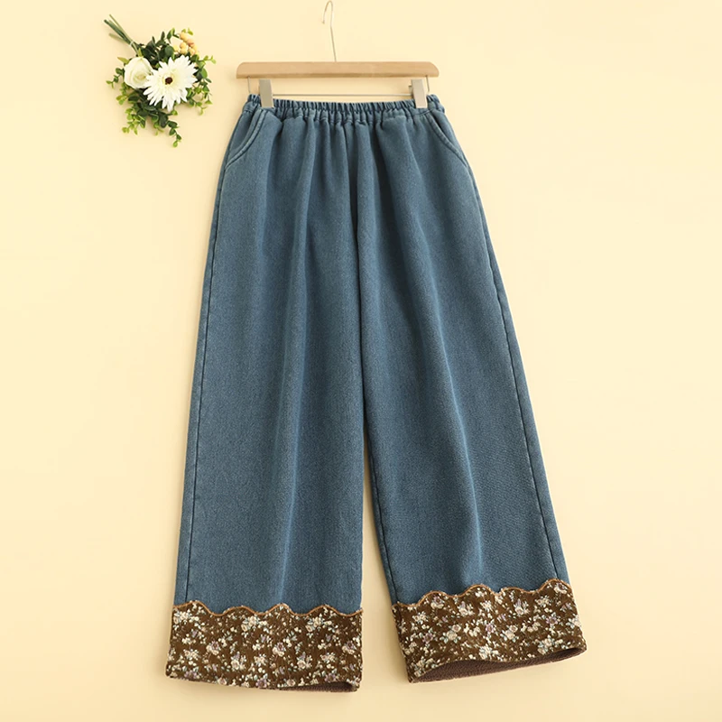 Otoño Invierno dulce Floral Denim pantalones de pierna ancha mujeres cintura elástica pantalones casuales de lana 824-900