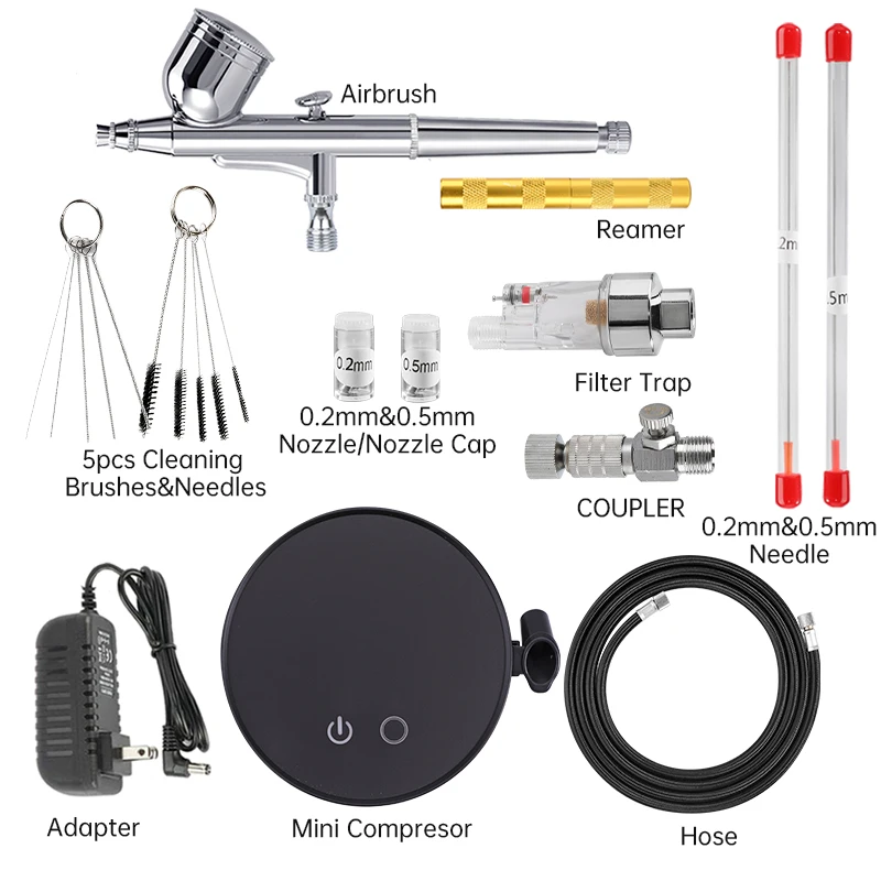 Kit aerografo a doppia azione con compressore d'aria Kit per la pulizia della pistola con spazzola d'aria da 0.3mm accessori per la pittura del modello fai da te del chiodo del tatuaggio