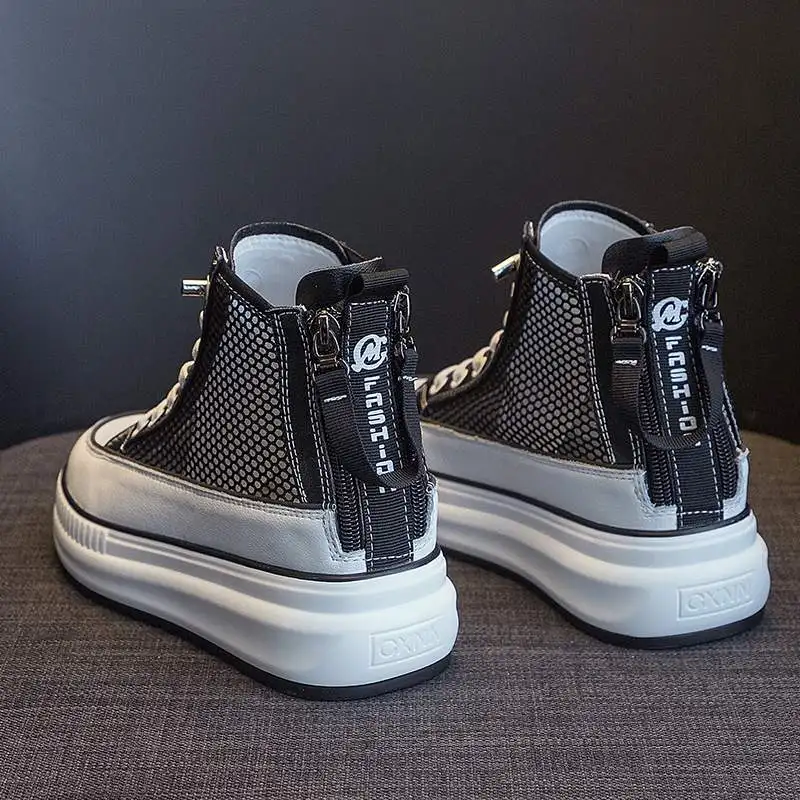 

Summer New High Top Women's Shoes Breathable Mesh Casual Slip-On Zipper Trendy White Sneakers Comfortable Fashion Single Shoes